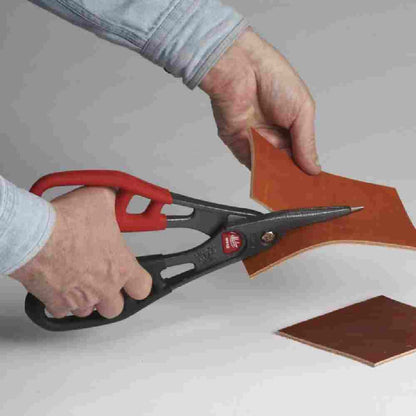 Malco MV12 12 inch Andy Combination Snips showing cutting leather sheet