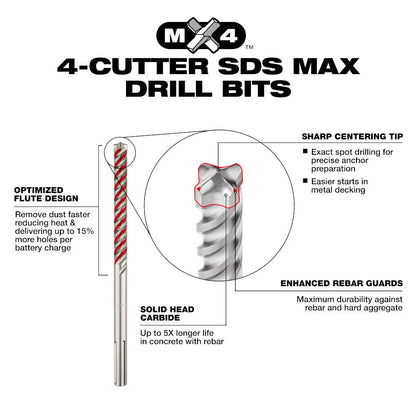 Milwaukee 48-20-7330 1/4-inch X 2-inch X 4-inch MX4 4-Cutter SDS-PLUS Rotary Hammer Drill Bit