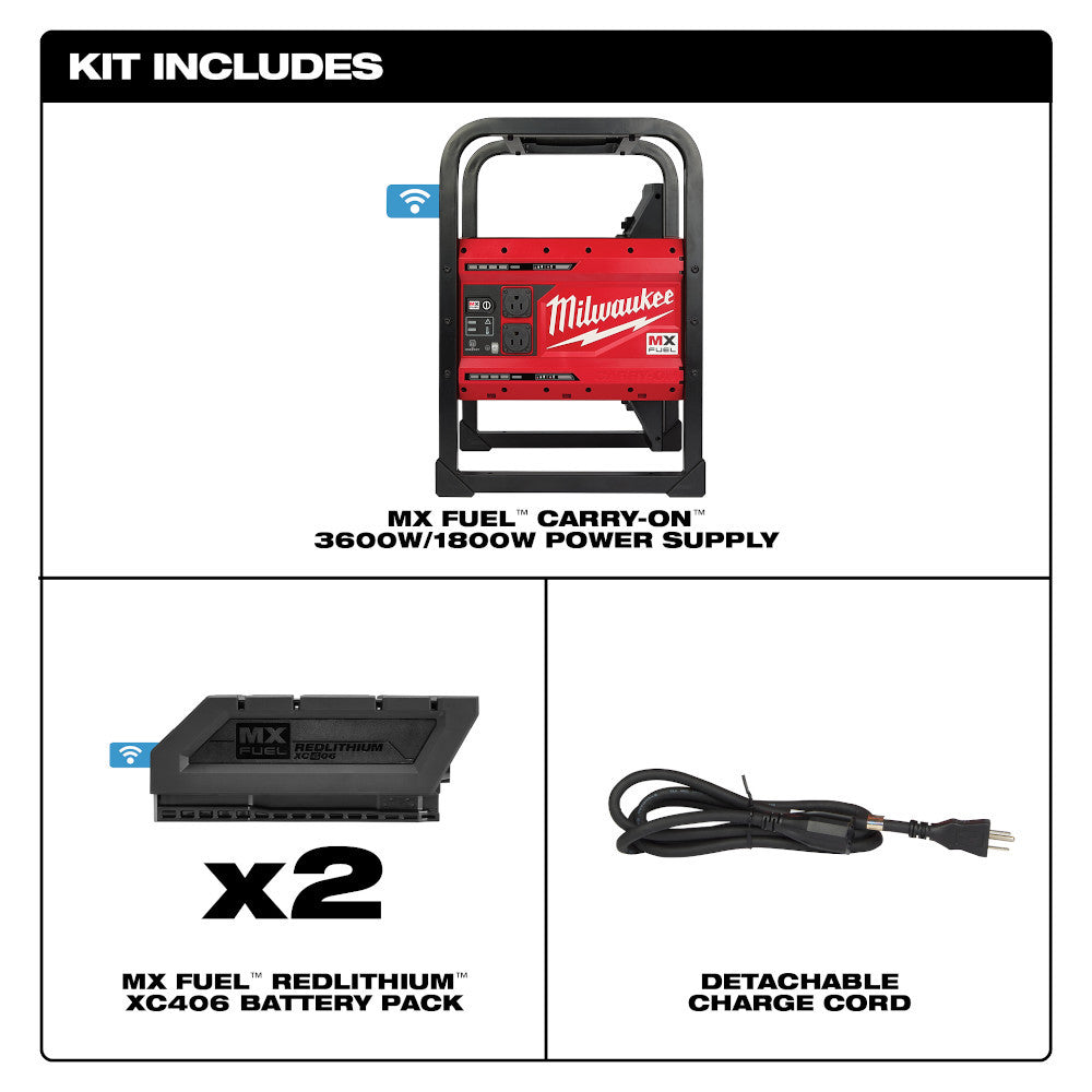 Milwaukee MXF002-2XC MX FUEL CARRY-ON Cordless 3600W/1800W Power Supply Generator Kit showing inclusions of the kit