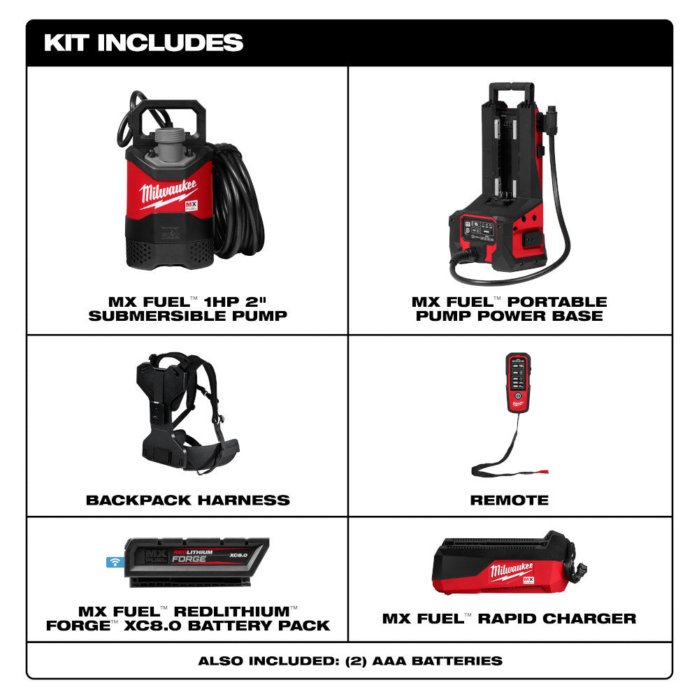 Milwaukee MXF211-1XC MX FUEL 1HP 2in Submersible Pump Kit showing inclusions of the kit