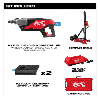 Milwaukee MXF301-2CXS MX FUEL Cordless Brushless Handheld Core Drill Kit with Stand showing inclusions of the kit