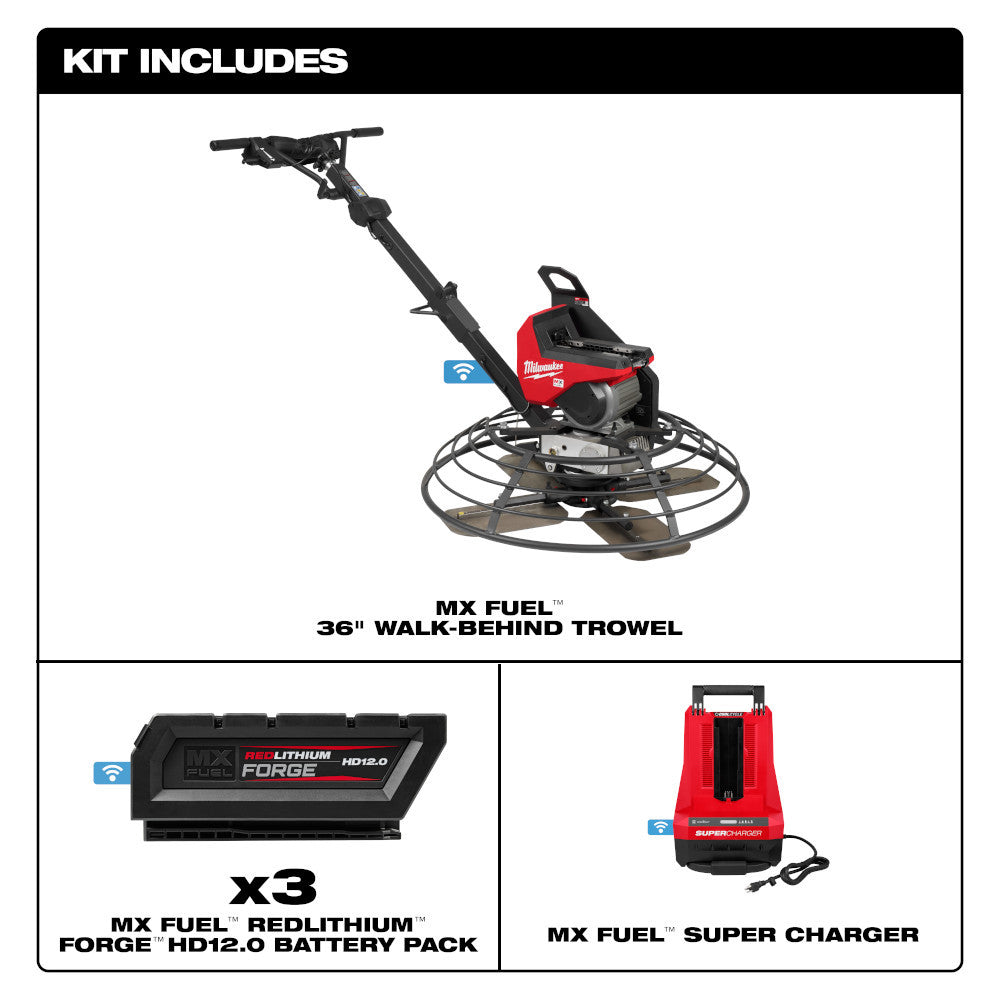 Milwaukee MXF336-3HD MX FUEL 36in Walk-Behind Edging Trowel Kit showing inclusions of the kit