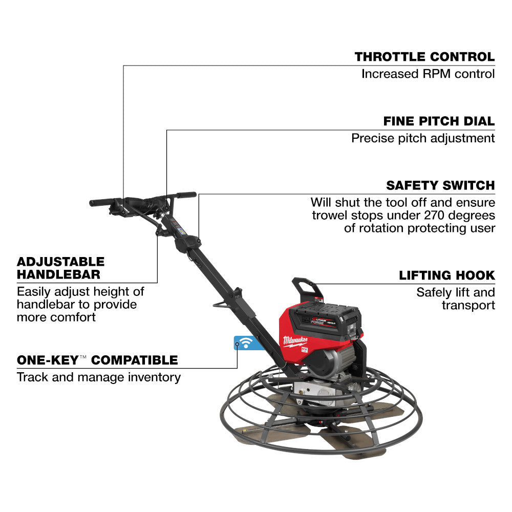 Milwaukee MXF336-3HD MX FUEL 36in Walk-Behind Edging Trowel Kit showing features of the tool