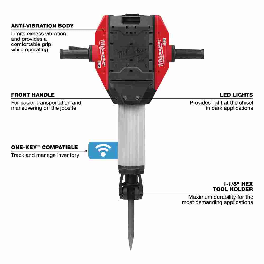 Milwaukee MXF368-1XC MX FUEL Cordless Demolition Breaker Kit showing features of the demolition hammer