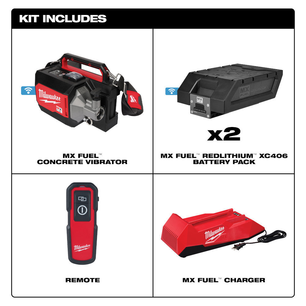 Milwaukee MXF370-2XC MX FUEL Cordless Brushless Concrete Vibrator Kit showing inclusions of the kit
