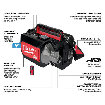 Milwaukee MXF370-2XC MX FUEL Cordless Brushless Concrete Vibrator Kit showing features of the concrete vibrator