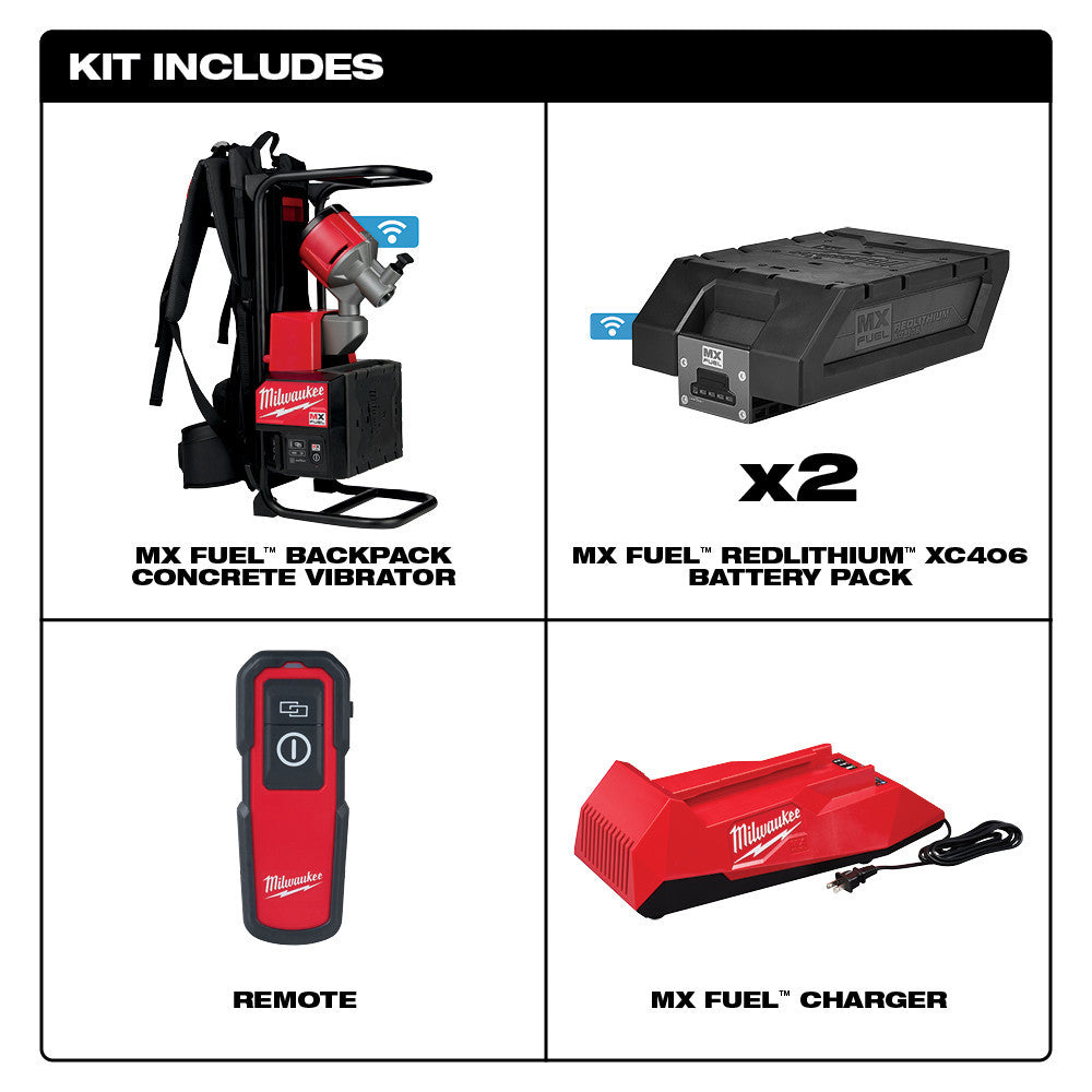 Milwaukee MXF371-2XC MX FUEL Cordless Brushless Backpack Concrete Vibrator Kit showing inclusions of the kit