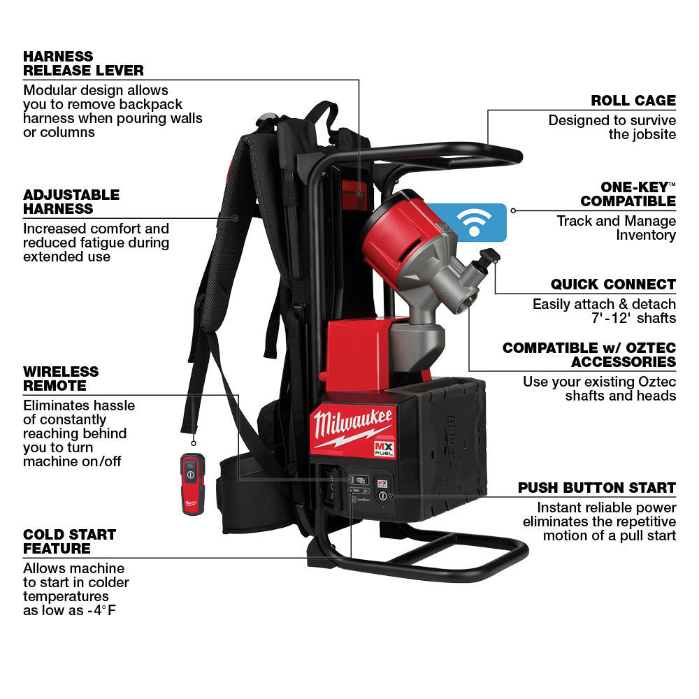 Milwaukee MXF371-2XC MX FUEL Cordless Brushless Backpack Concrete Vibrator Kit showing features of the vibrator