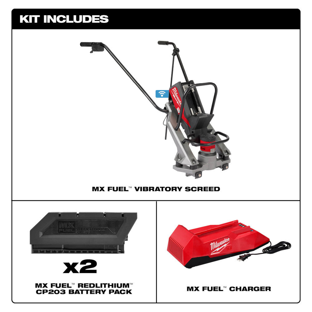 Milwaukee MXF381-2CP MX FUEL Cordless Brushless Vibratory Power Screed Kit showing inclusions of the kit