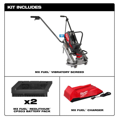 Milwaukee MXF381-2CP MX FUEL Cordless Brushless Vibratory Power Screed Kit showing inclusions of the kit