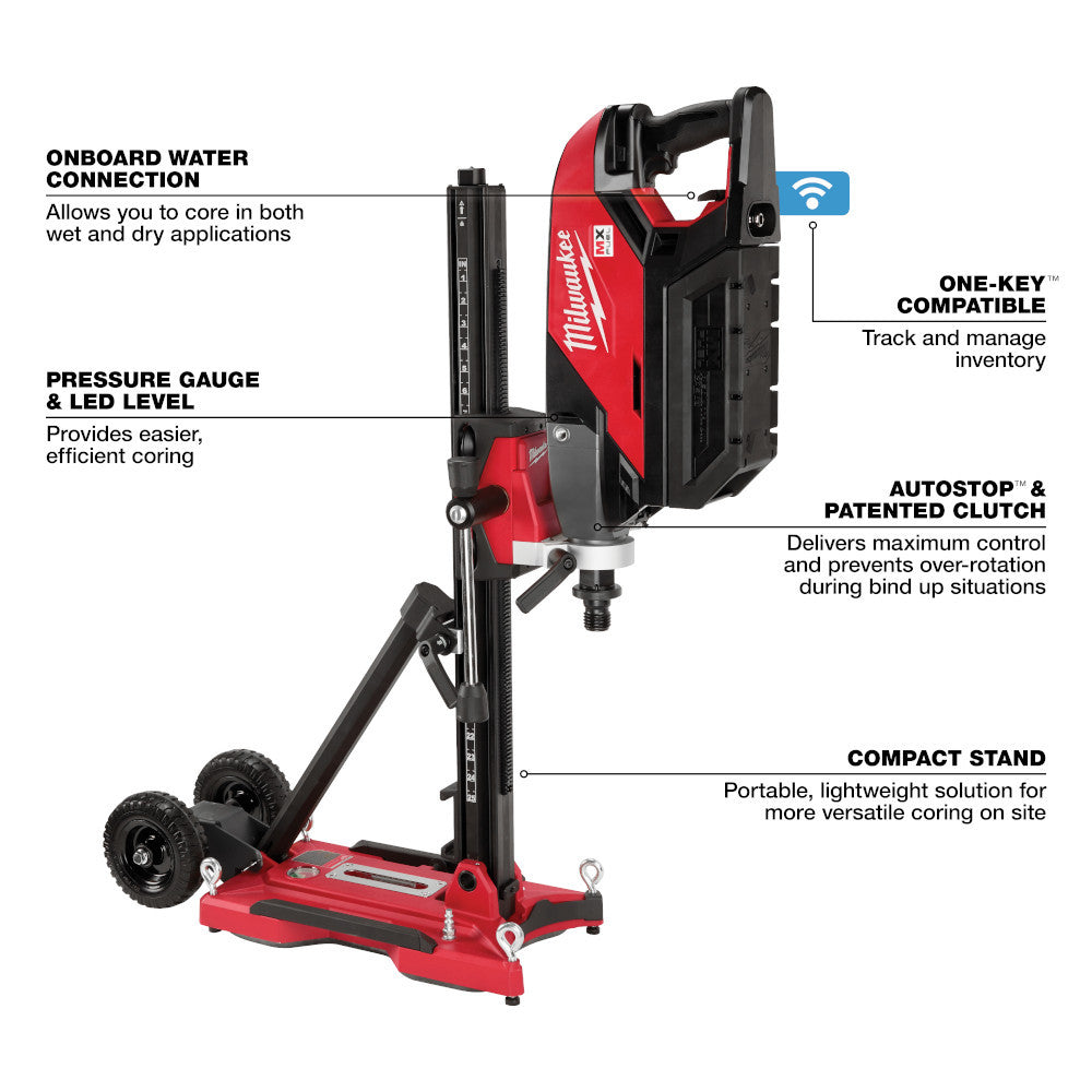 Milwaukee MXF301-2CXS MX FUEL Cordless Brushless Handheld Core Drill Kit with Stand showing features of the drill