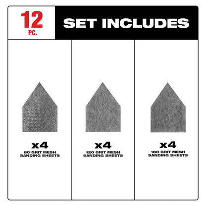 Milwaukee 48-80-5405 12pc Assorted Grit Mesh Sanding Sheets for M12 FUEL Orbital Detail Sander Set