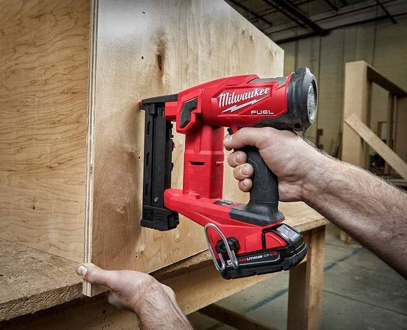 Milwaukee 2749-20 M18 FUEL 18 Gauge 1/4-Inch Narrow Crown Stapler driving staples into wood (battery sold separately)