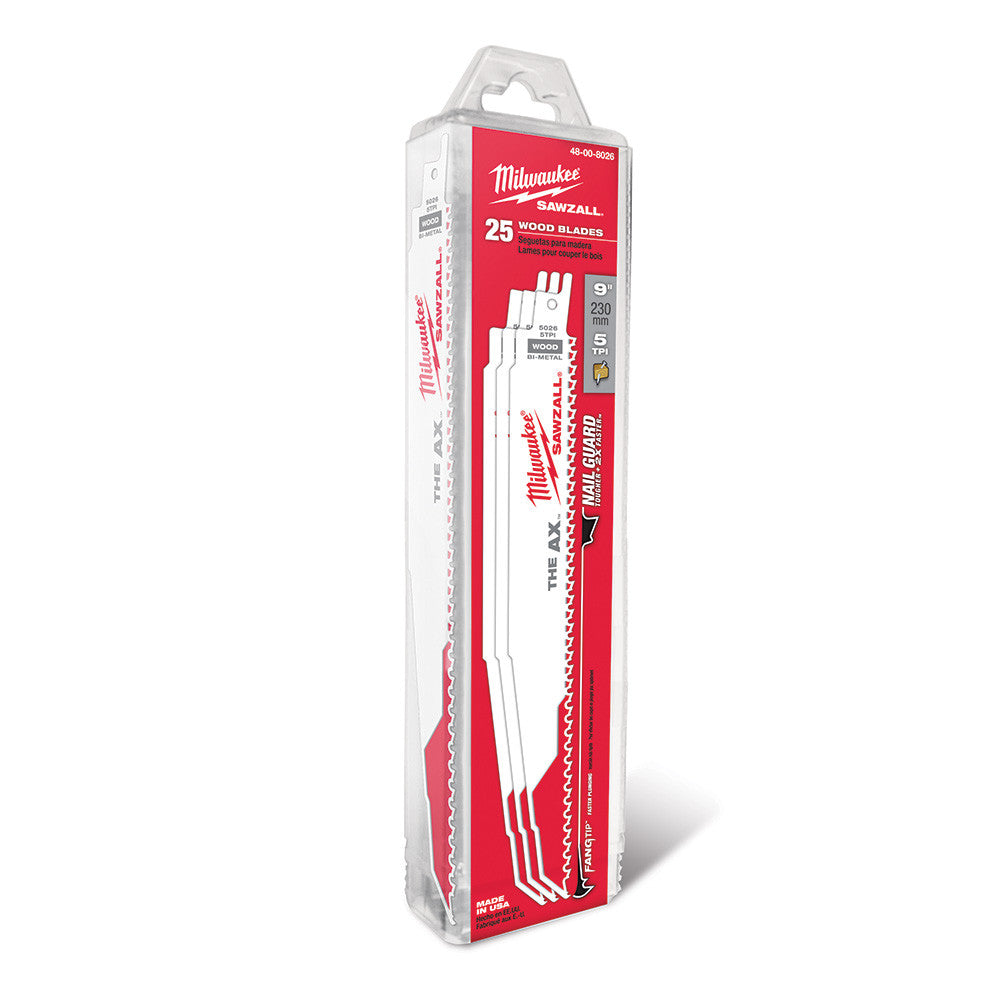 Milwaukee 48-00-8026 SAWZALL THE AX 9 inch 5 TPI Nail Embedded Wood Cutting Blades - 25pk