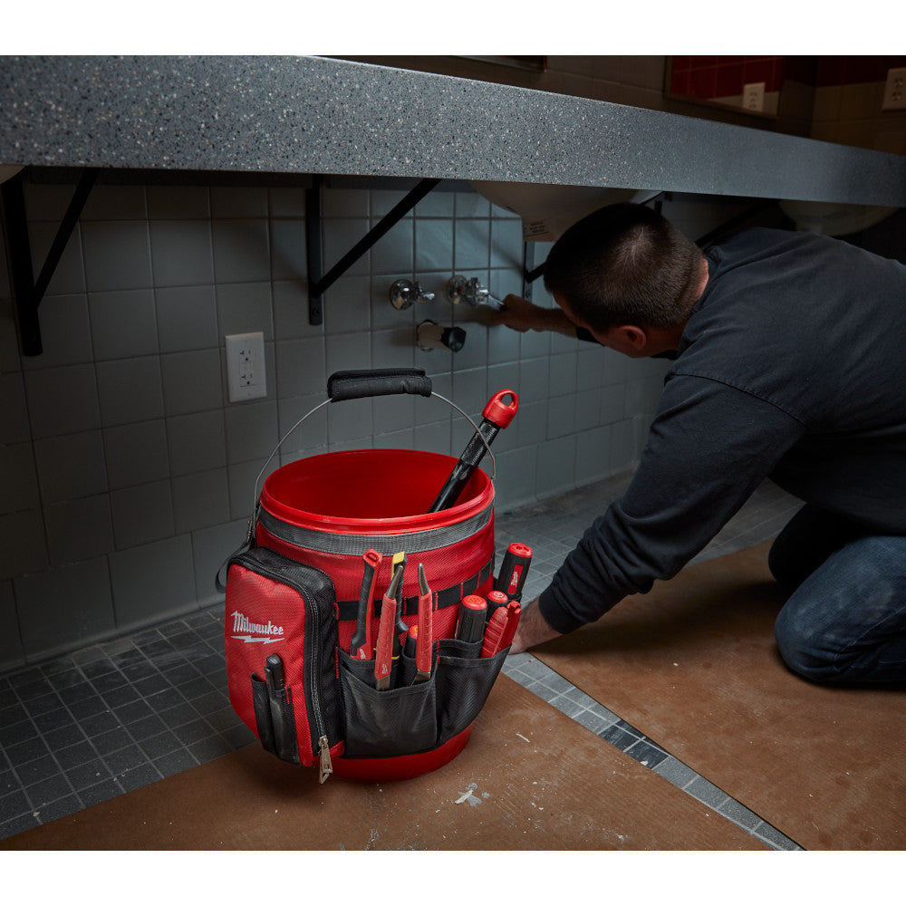 Milwaukee 48-22-8175 32-Pocket Bucket Organizer Wrap holding tools on the jobsite