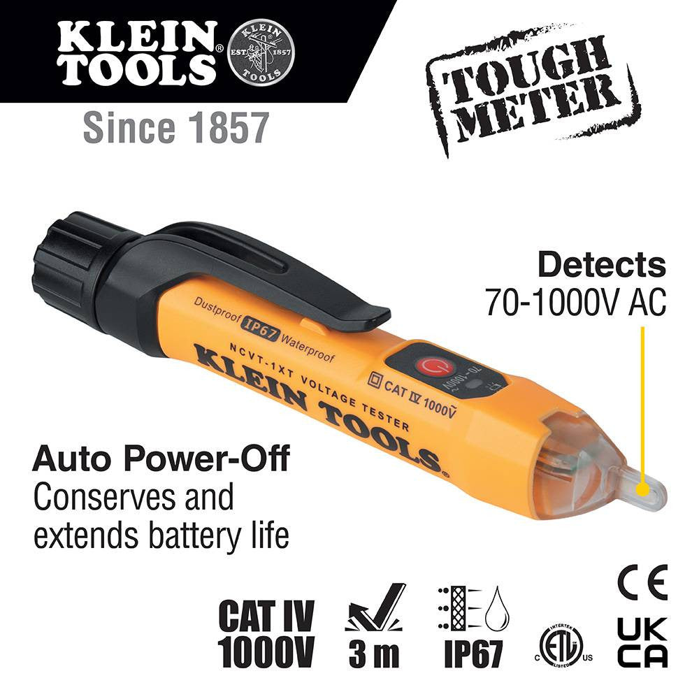 Klein Tools NCVT1XT 70V to 1000V AC Non-Contact Voltage Tester showing features