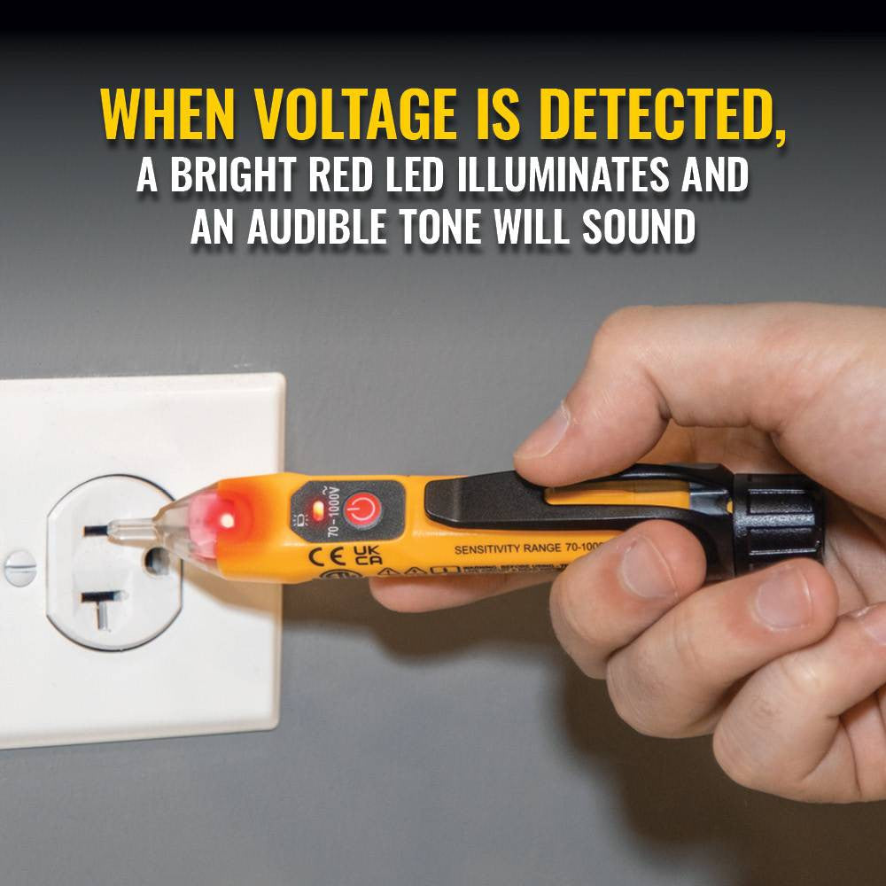 Klein Tools NCVT1XT 70V to 1000V AC Non-Contact Voltage Tester showing in use testing an interior outlet