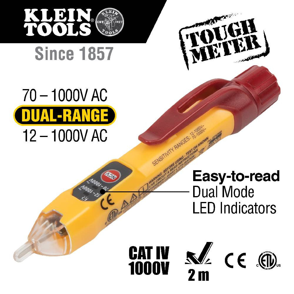 Klein Tools NCVT2PKIT Dual Range NCVT with Receptacle Tester Electrical Test Kit showing features of the contact tester