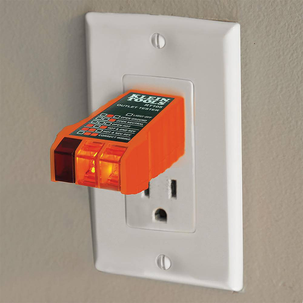 Klein Tools NCVT2PKIT Dual Range NCVT with Receptacle Tester Electrical Test Kit showing in use testing electrical outlet
