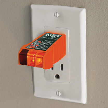 Klein Tools NCVT2PKIT Dual Range NCVT with Receptacle Tester Electrical Test Kit showing in use testing electrical outlet