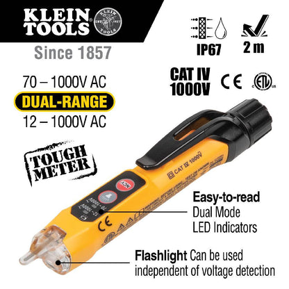 Klein Tools NCVT3P 12V to 1000V AC Dual Range Non-Contact Voltage Tester with Flashlight showing features