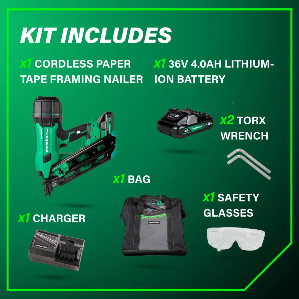 Metabo HPT NR1890DCAM 18V MultiVolt Cordless 30° 3-1/2in Paper Tape Framing Nailer Kit showing inclusions of the kit