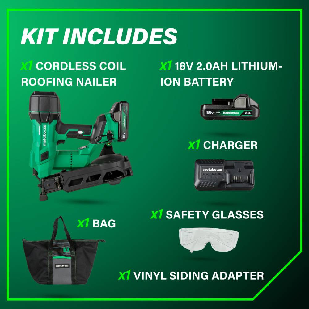 Metabo HPT NV1845DAM 18V Cordless Brushless 1-3/4in Coil Roofing Nailer Kit showing inclusions of the kit