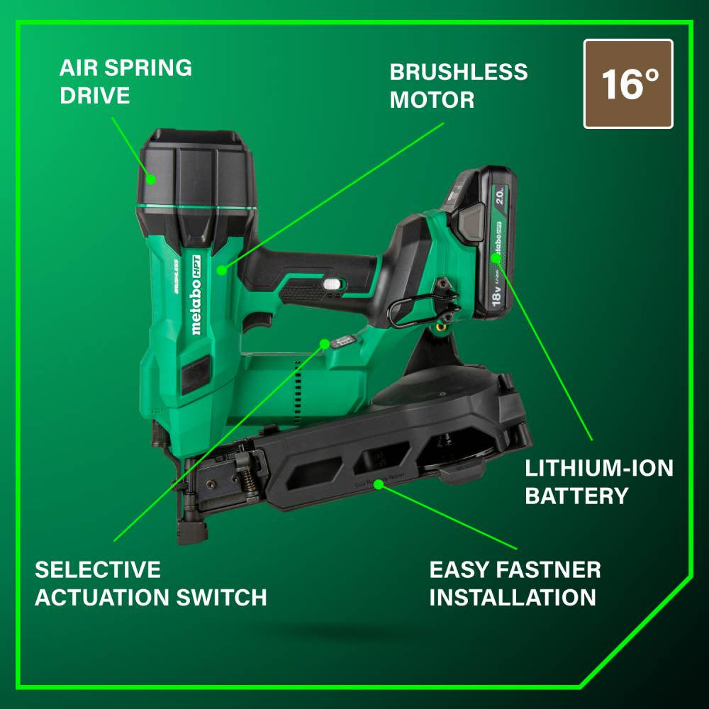 Metabo HPT NV1845DAM 18V Cordless Brushless 1-3/4in Coil Roofing Nailer Kit showing features of the tool