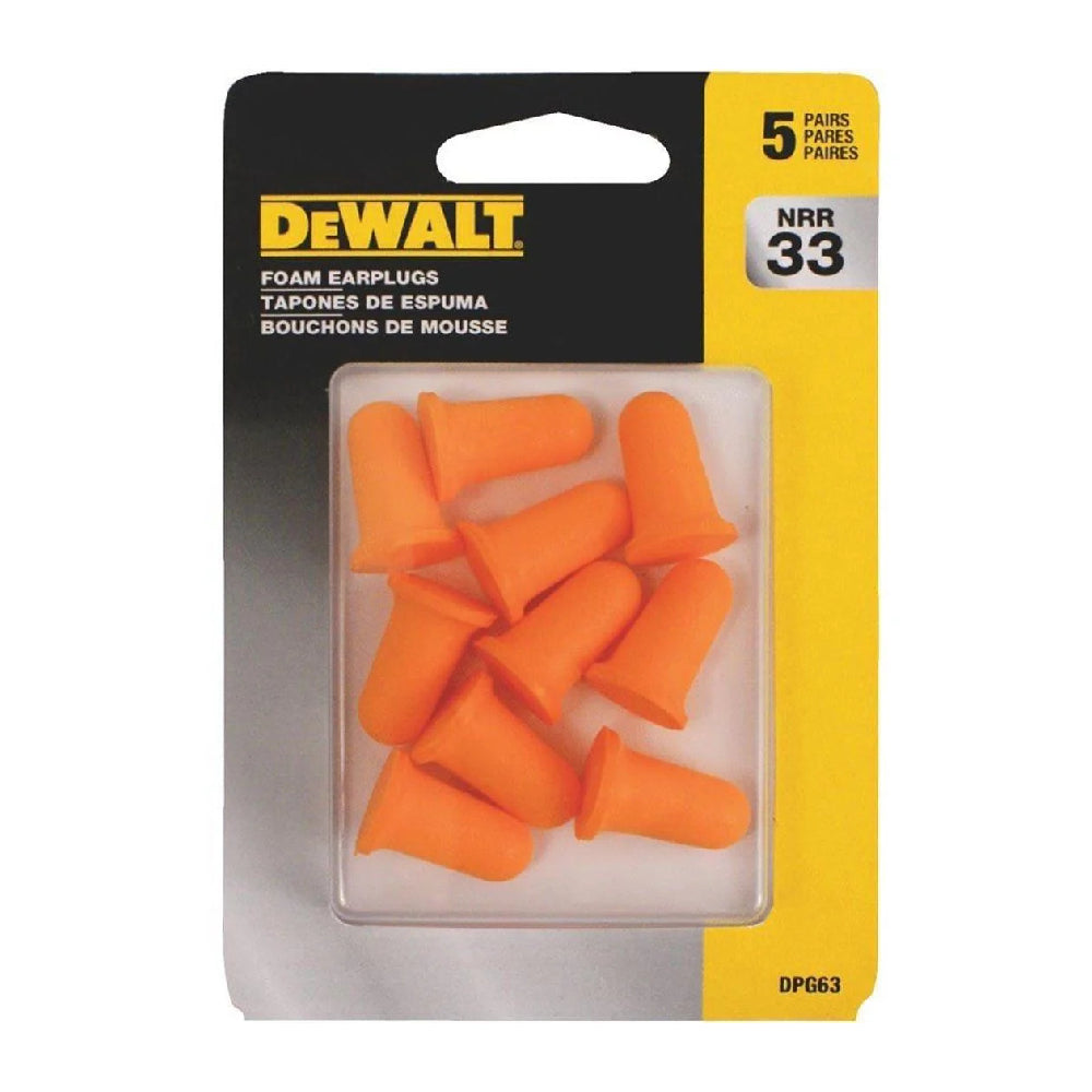 DeWalt 33dB Disposable Foam Earplugs - 5 Pairs with Carry Case
