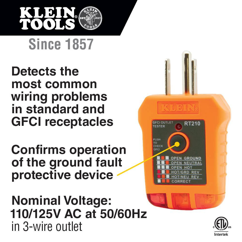 Klein Tools RT210 GFCI Receptacle Tester showing featured of the tester