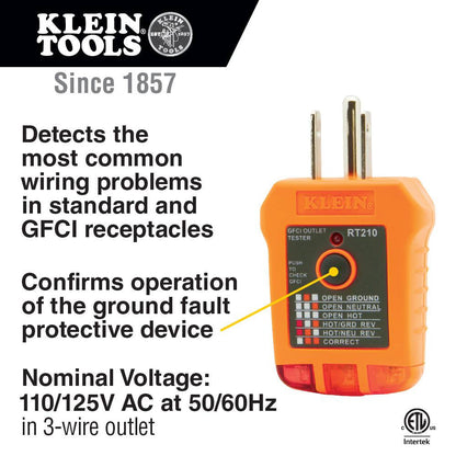Klein Tools RT210 GFCI Receptacle Tester showing featured of the tester