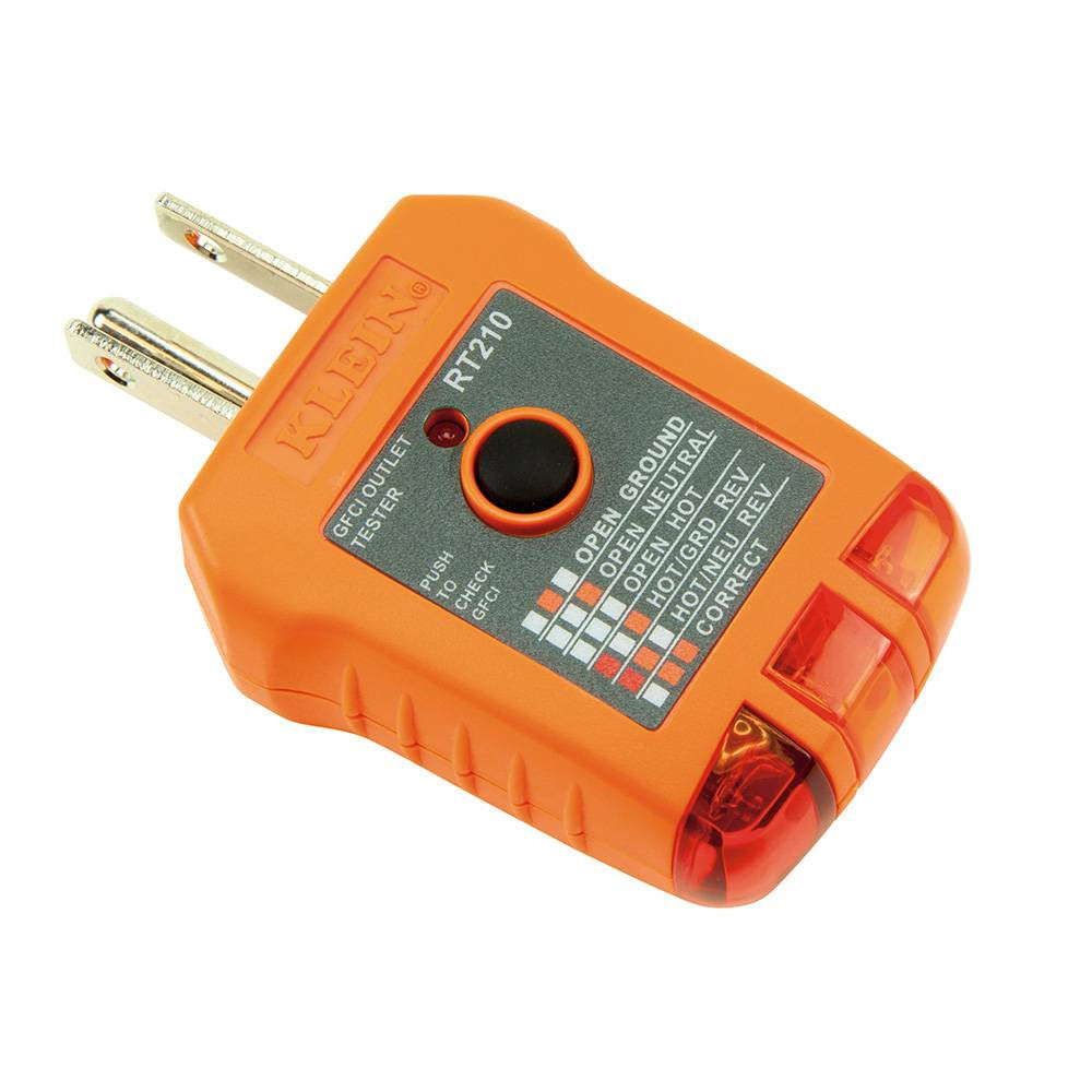 Klein Tools RT210 GFCI Receptacle Tester showing from a different angle