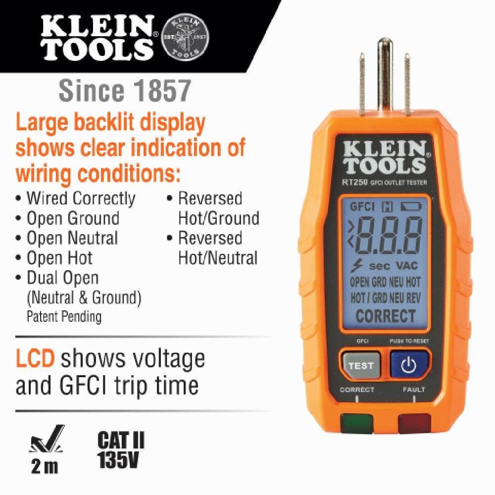 Klein Tools RT250 GFCI Receptacle Tester with LCD showing features of the tester