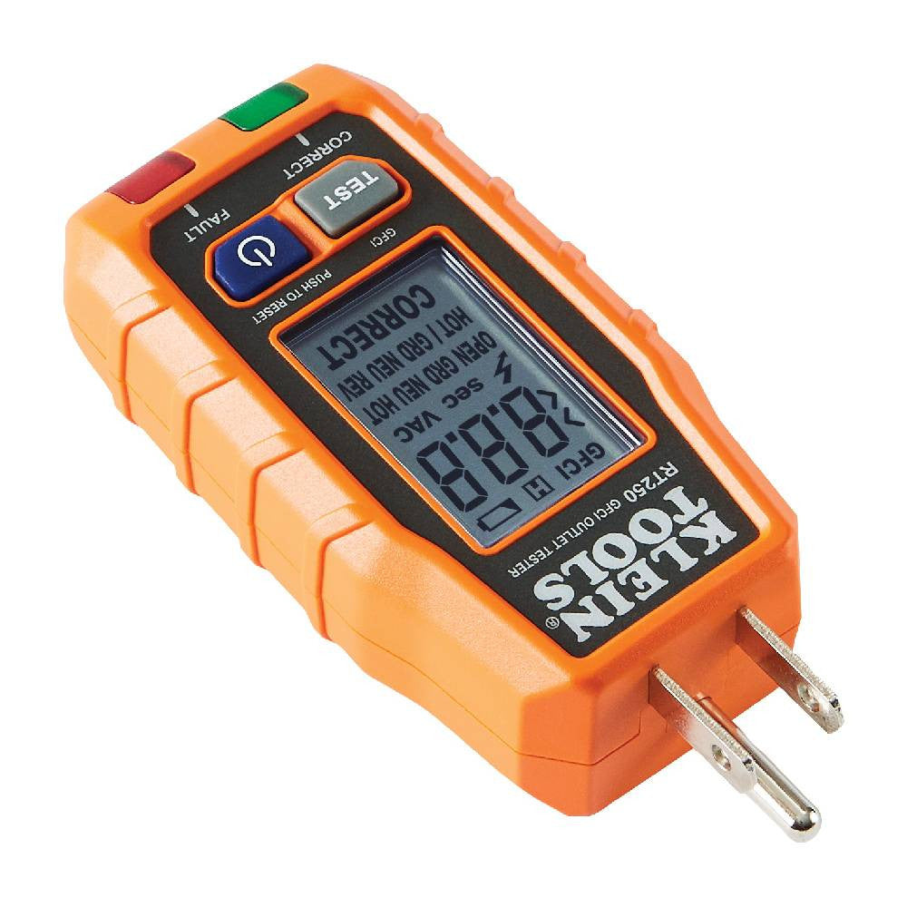 Klein Tools RT250 GFCI Receptacle Tester with LCD showing from a different angle