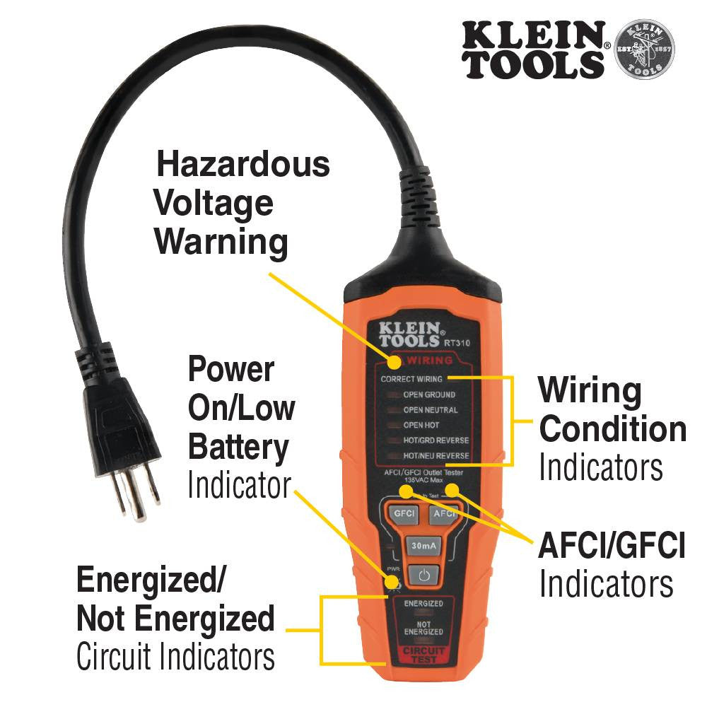 Klein Tools RT310 AFCI/GFCI Outlet Tester showing features of the tester