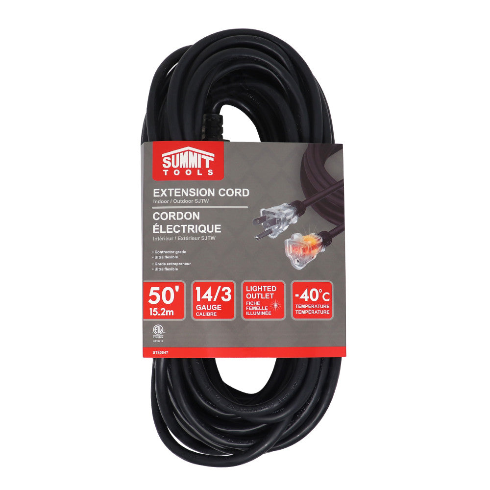 Summit ST80047 Black 50 foot 14/3 Gauge All-Weather Extension Cord with Lighted End