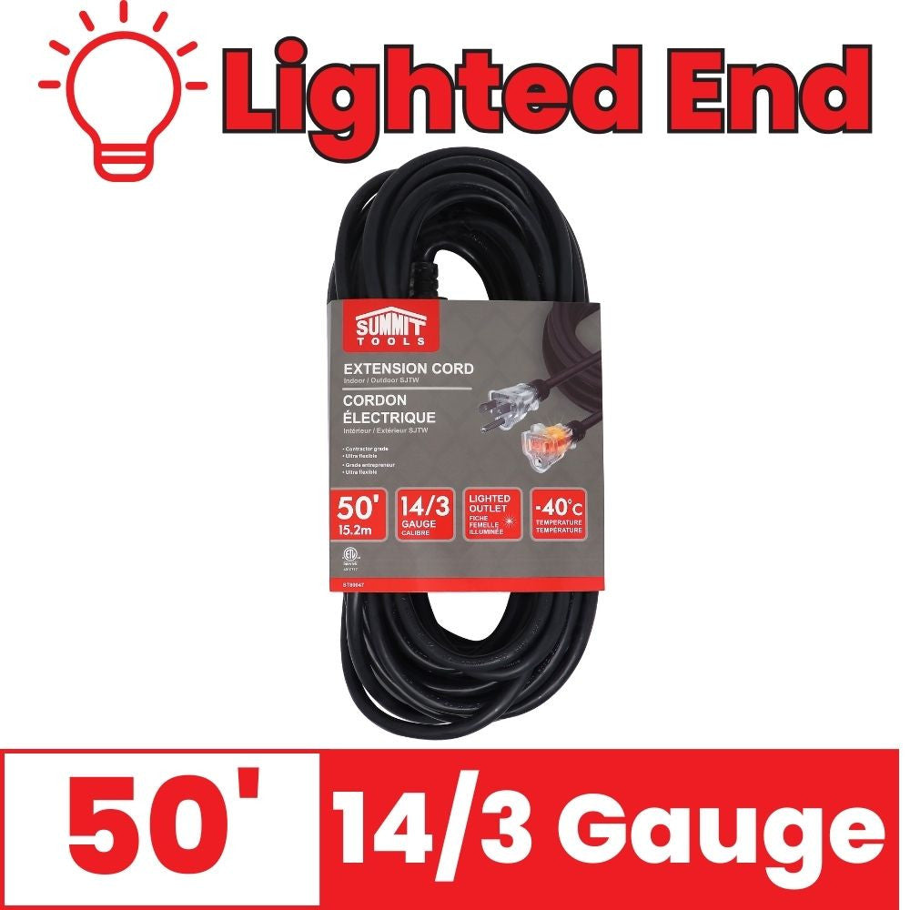 Summit ST80047 Black 50 foot 14/3 Gauge All-Weather Extension Cord with Lighted End