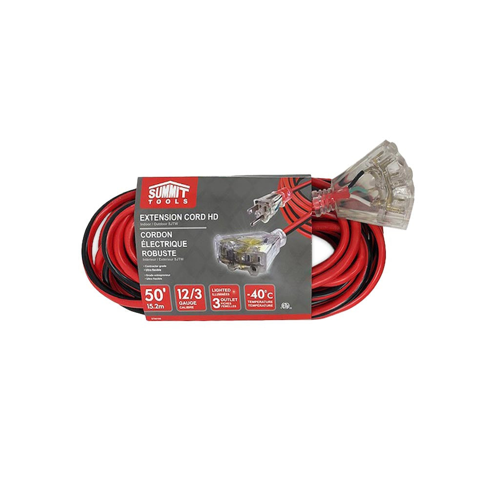 Summit ST80100 50 foot 12/3 Gauge All-Weather Tri Tap Extension Cord with Lighted End