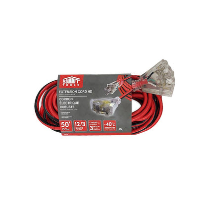 Summit ST80100 50 foot 12/3 Gauge All-Weather Tri Tap Extension Cord with Lighted End