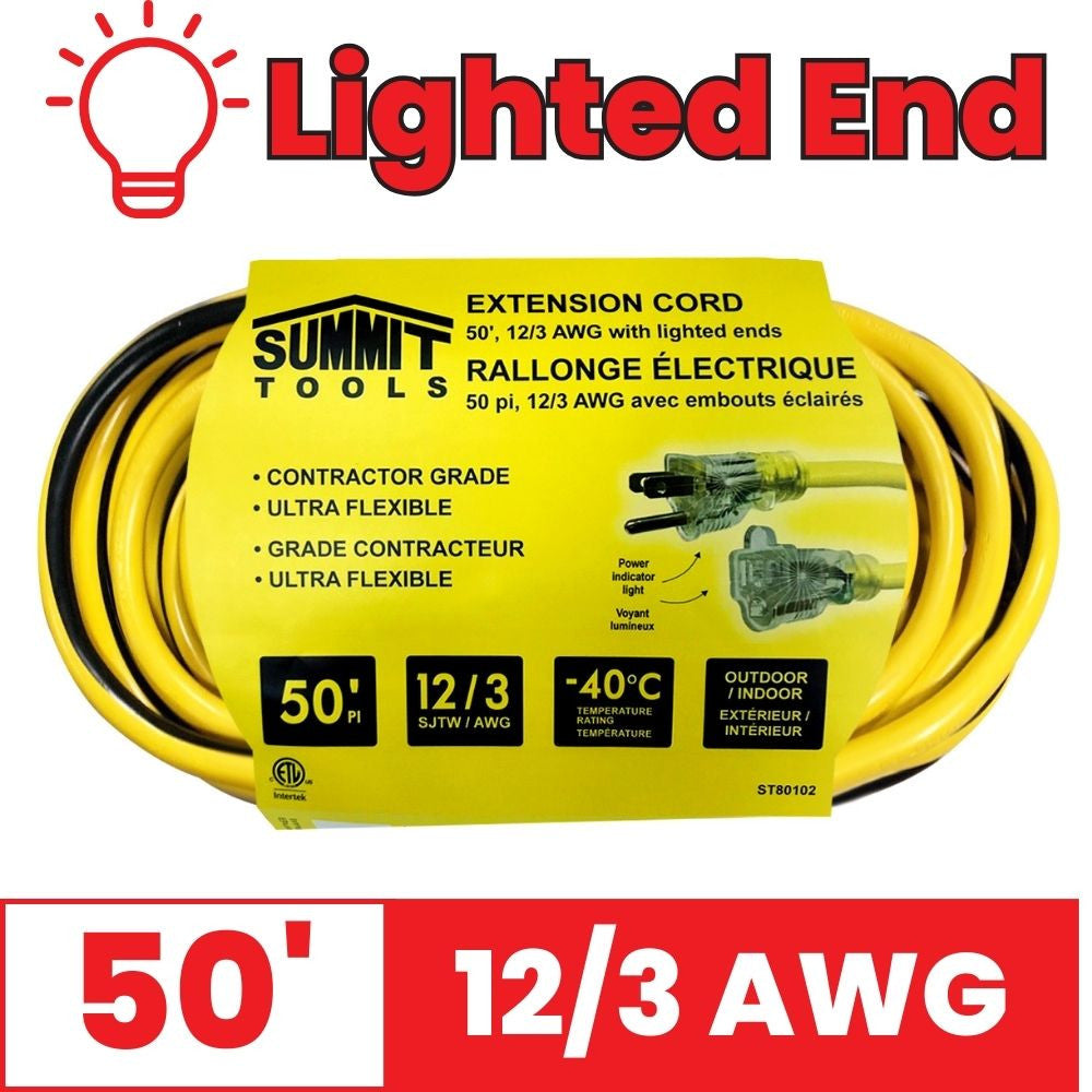 Summit ST80102 50 foot 12/3 AWG All-Weather Yellow Extension Cord with Lighted End