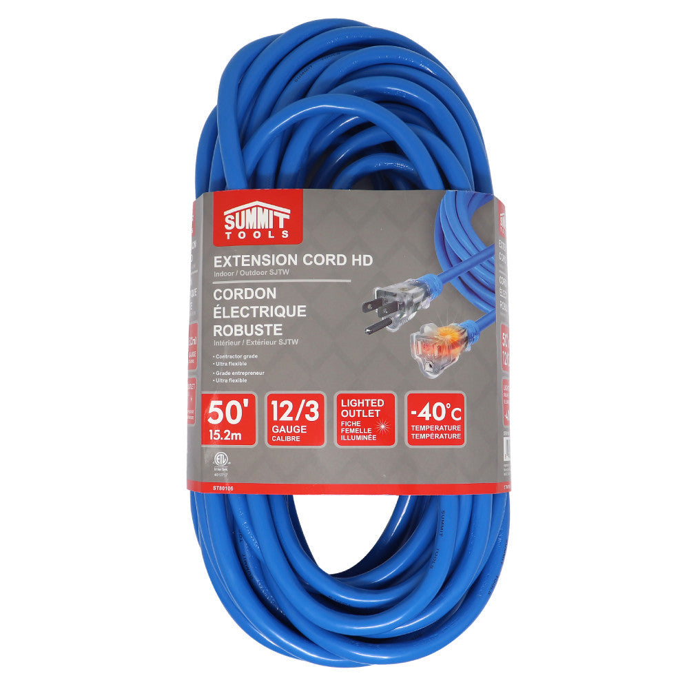 Summit ST80106 50 foot 12/3 Gauge All-Weather Blue Extension Cord with Lighted End