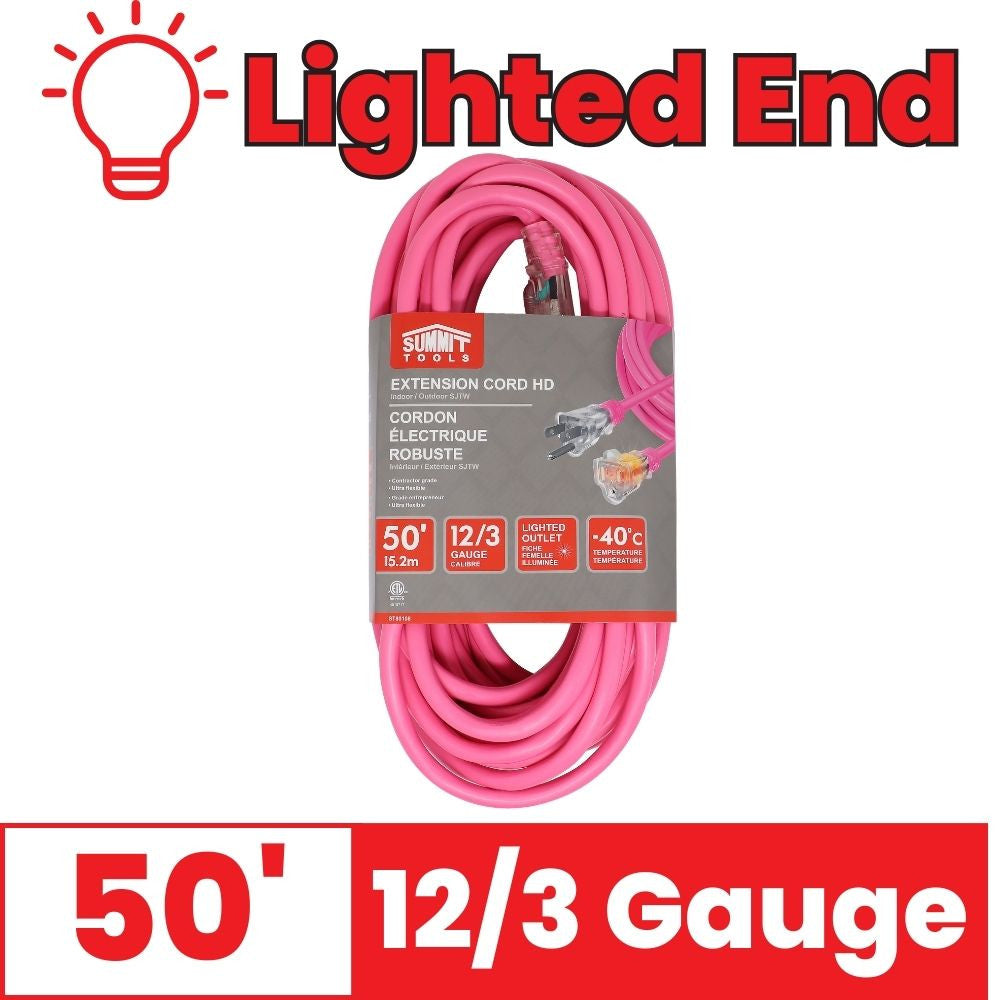 Summit ST80108 50 foot 12/3 Gauge All-Weather Pink Extension Cord with Lighted End