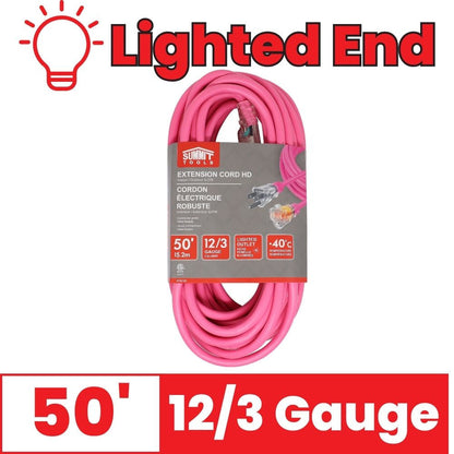 Summit ST80108 50 foot 12/3 Gauge All-Weather Pink Extension Cord with Lighted End