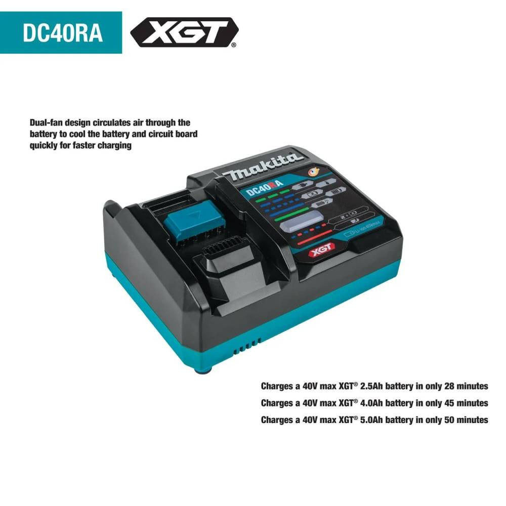 Makita T-04313 40V MAX XGT 4.0 Ah Battery Starter Kit showing features of the charger