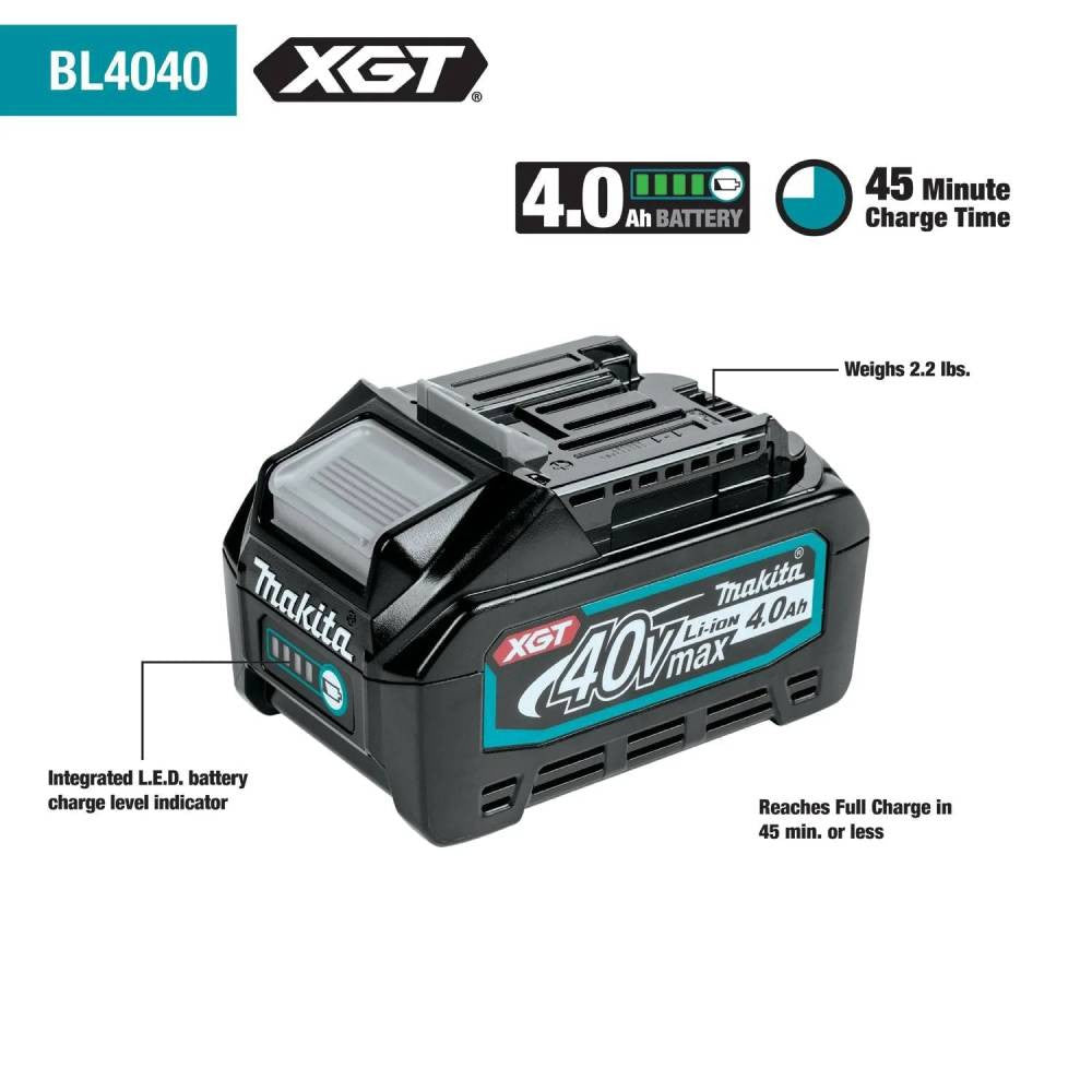 Makita T-04313 40V MAX XGT 4.0 Ah Battery Starter Kit showing features of the battery