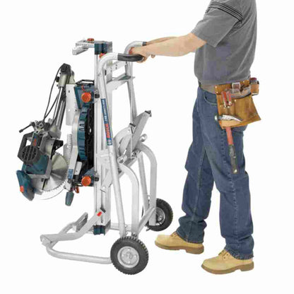 Bosch T4B Gravity-Rise Mitre Saw Stand showing stand folded up with saw mounted to stand