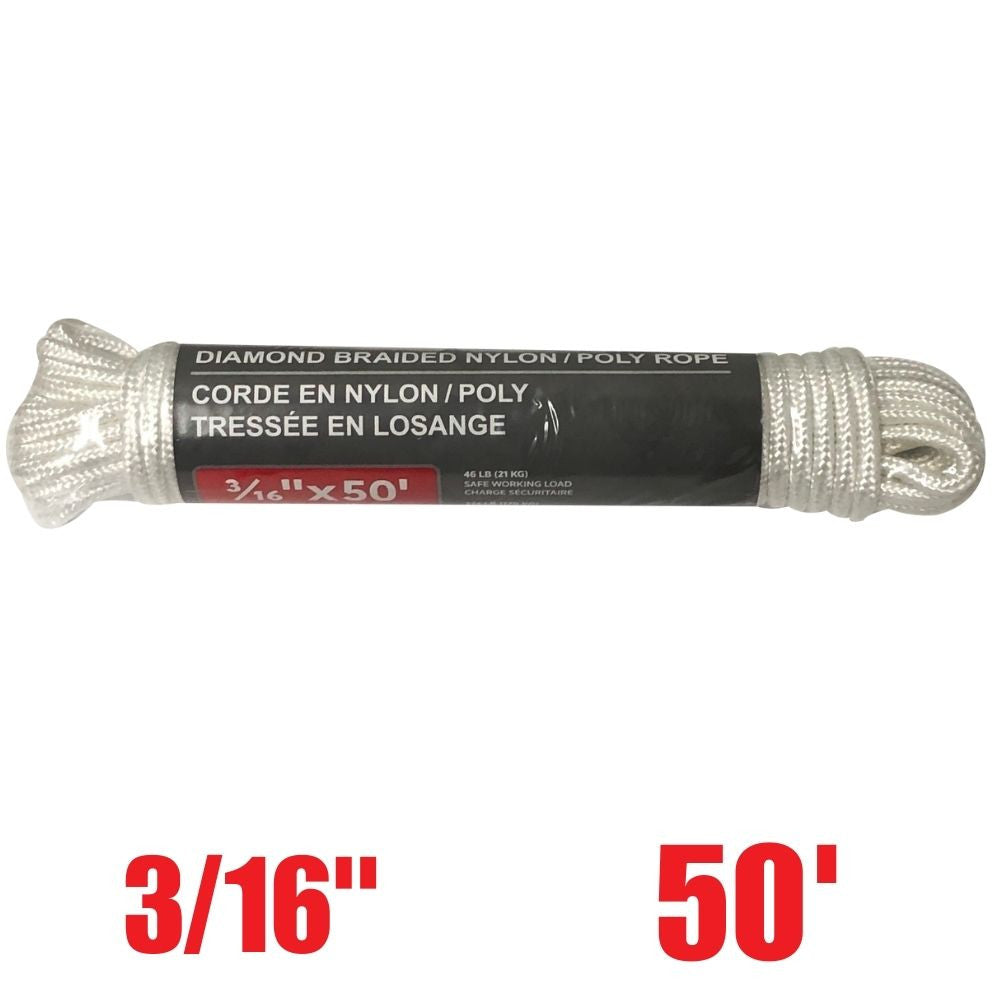Truwerx 11002 3/16 inch x 50 ft. Nylon/Poly Diamond Braid Utility Rope - White
