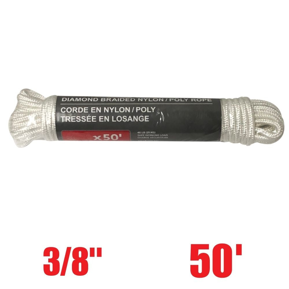 Truwerx 11010 3/8 Inch x 50 ft Nylon/Poly Diamond Braid Utility Rope -  White