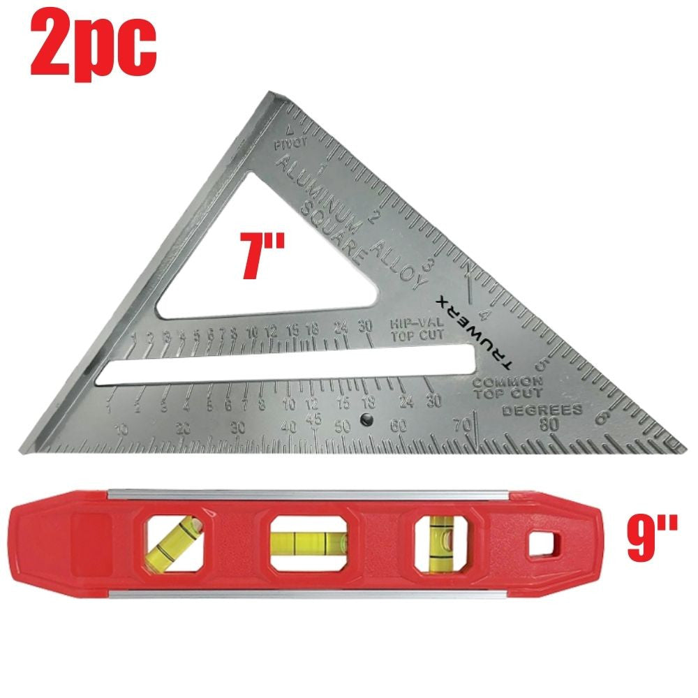 Truwerx 29010 2pc Measuring Tool (9 Inch Torpedo Level  and 7 Inch Quick Angle Square) Set