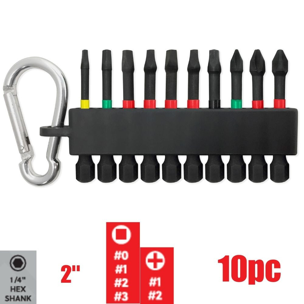 Truwerx 51000 10pc 2 Inch Impact Driver Bit Mixed (SQ, PH) Set with Carabiner